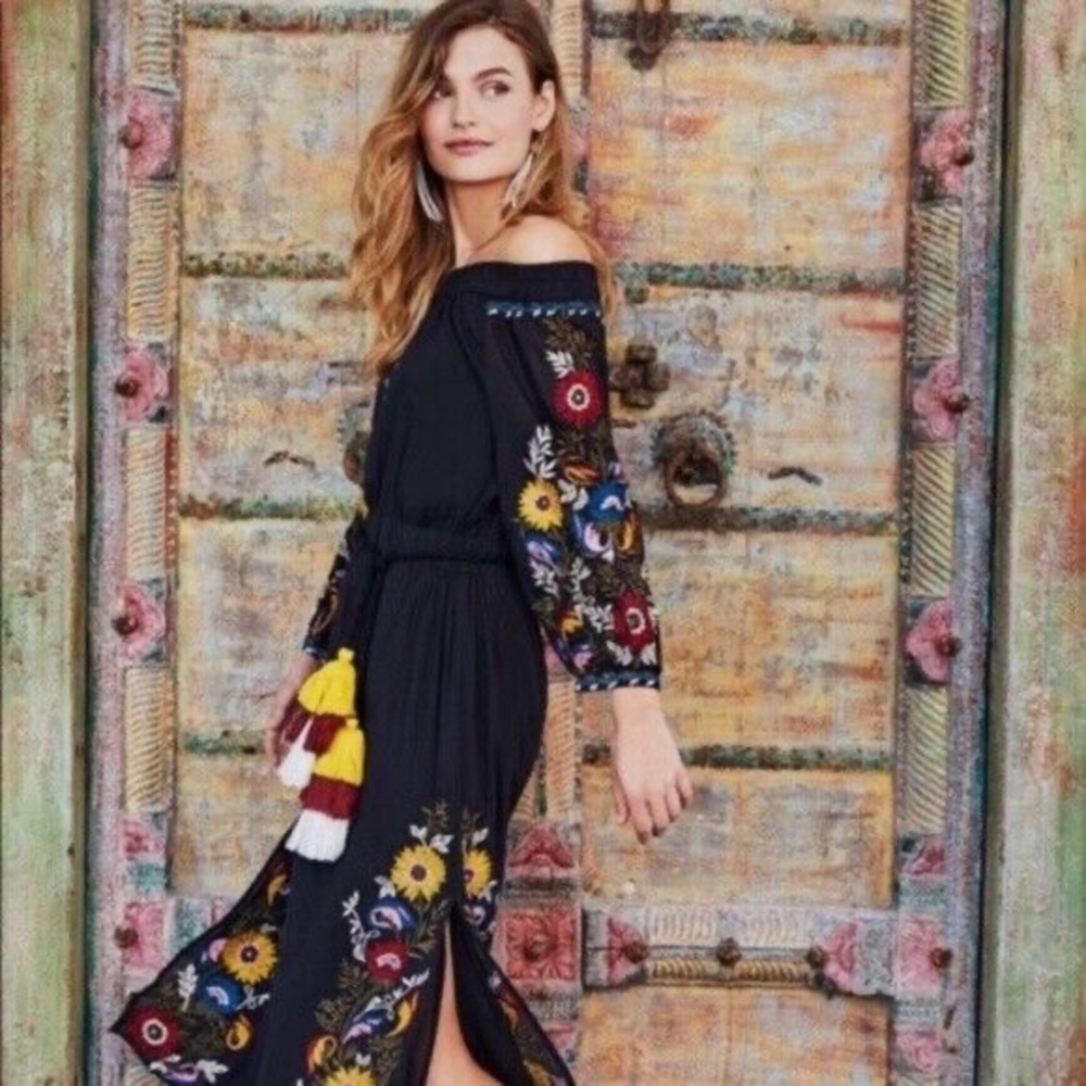 MISA black Seine Off the Shoulder floral Embroider long sleeve tassel belt Dress